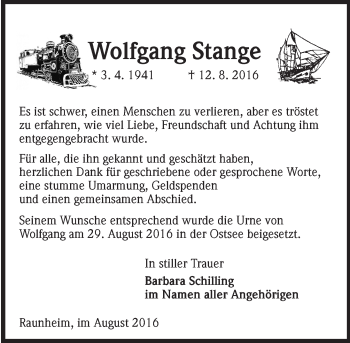 Traueranzeige von Wolfgang Stange von Trauerportal Rhein Main Presse