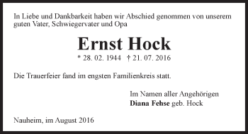 Traueranzeige von Ernst Hock von Trauerportal Echo Online
