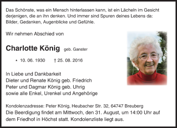 Traueranzeige von Charlotte König von Trauerportal Echo Online