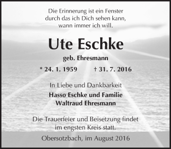 Traueranzeige von Ute Eschke von  Gelnhäuser Tageblatt