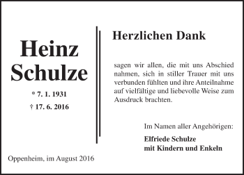 Traueranzeige von Heinz Schulze von Trauerportal Rhein Main Presse
