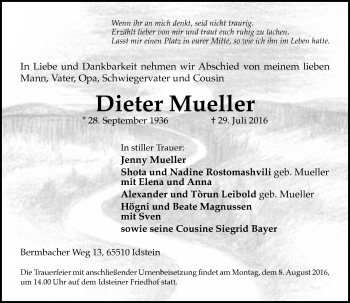 Traueranzeige von Dieter Mueller von Trauerportal Rhein Main Presse