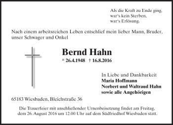 Traueranzeige von Bernd Hahn von Trauerportal Rhein Main Presse