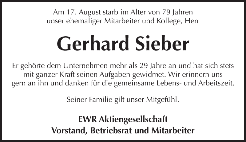  Traueranzeige für Gerhard Sieber vom 24.08.2016 aus Trauerportal Rhein Main Presse