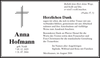 Traueranzeige von Anna Hofmann von  Usinger Anzeiger