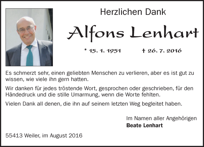  Traueranzeige für Alfons Lenhart vom 20.08.2016 aus Trauerportal Rhein Main Presse