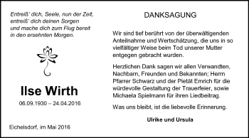Traueranzeige von Ilse Wirth von  Kreisanzeiger