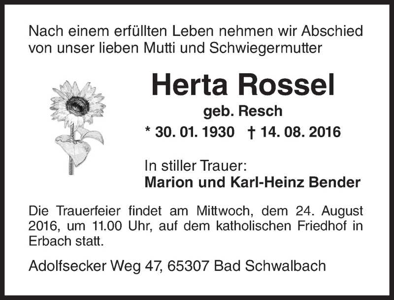  Traueranzeige für Herta Rossel vom 20.08.2016 aus Trauerportal Rhein Main Presse