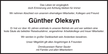 Traueranzeige von Günther Oleksyn von Trauerportal Echo Online