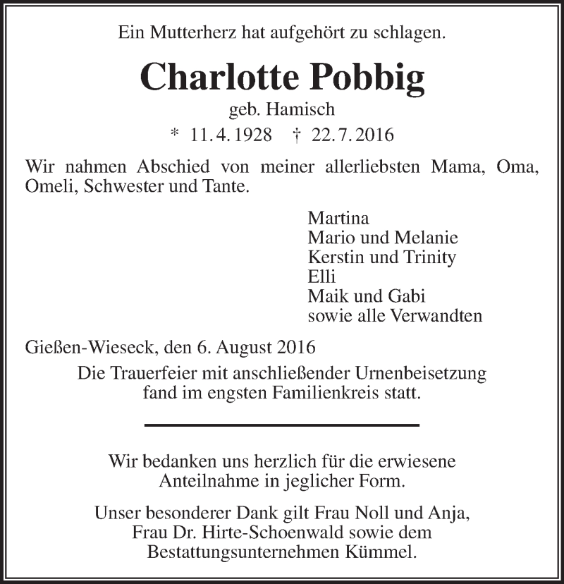  Traueranzeige für Charlotte Pobbig vom 06.08.2016 aus  Gießener Anzeiger