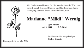 Traueranzeige von Marianne Wernig von  Gelnhäuser Tageblatt