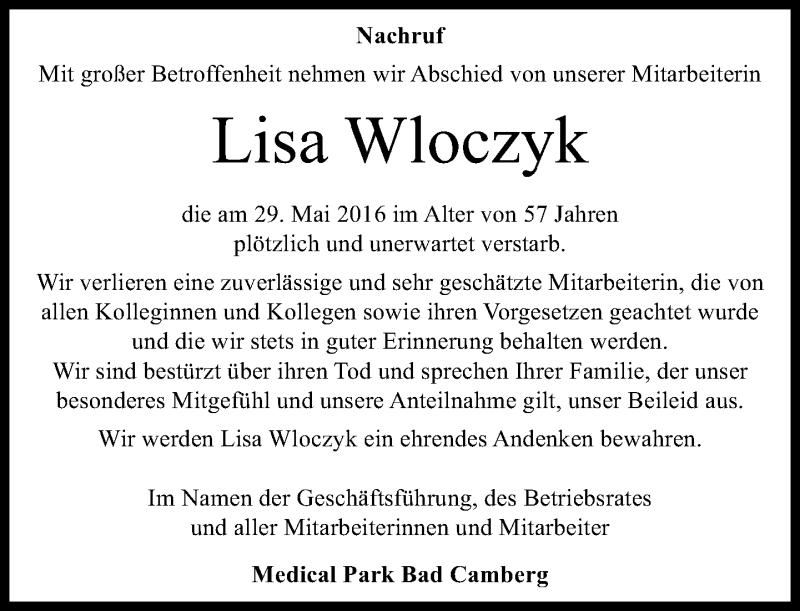  Traueranzeige für Lisa Wloczyk vom 16.06.2016 aus  Camberger Anzeiger