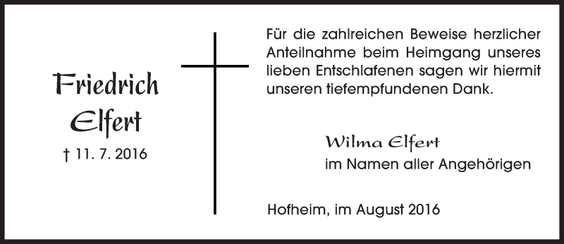  Traueranzeige für Friedrich Elfert vom 05.08.2016 aus Trauerportal Rhein Main Presse