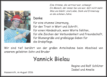 Traueranzeige von Yannick Bielau von Trauerportal Echo Online