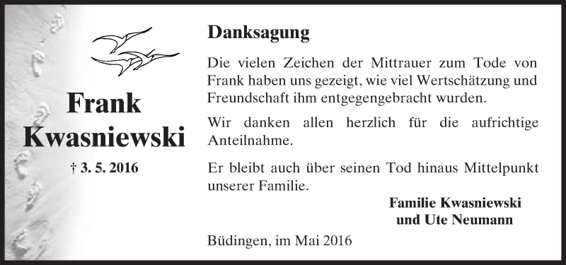  Traueranzeige für Frank Kwasniewski vom 28.05.2016 aus  Kreisanzeiger