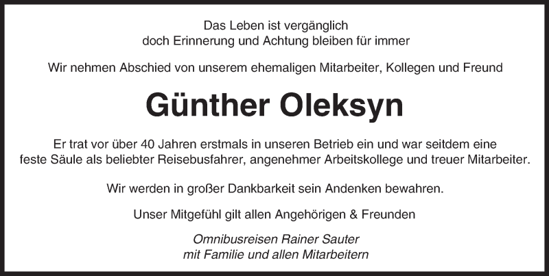  Traueranzeige für Günther Oleksyn vom 24.08.2016 aus Trauerportal Echo Online