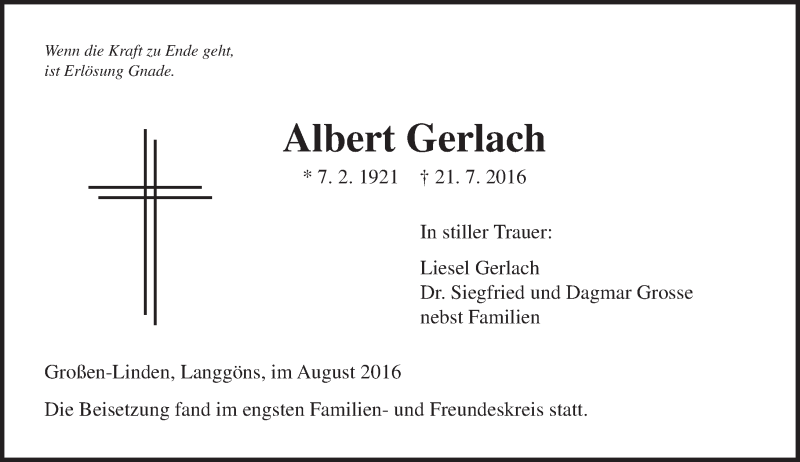  Traueranzeige für Albert Gerlach vom 11.08.2016 aus  Gießener Anzeiger