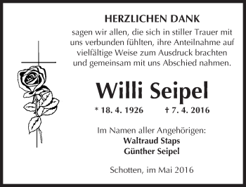 Traueranzeige von Willi Seipel von  Kreisanzeiger