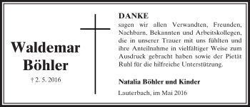 Traueranzeige von Waldemar Böhler von VRM Trauer