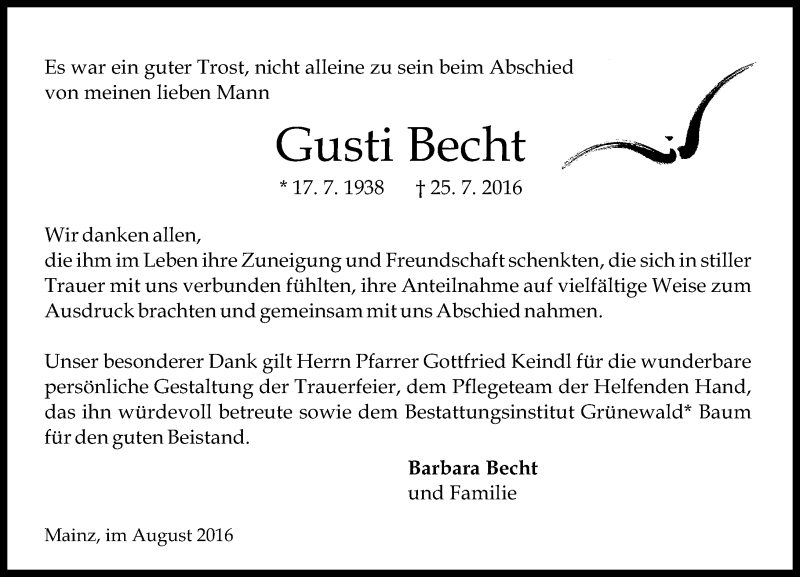  Traueranzeige für Gusti Becht vom 27.08.2016 aus Trauerportal Rhein Main Presse