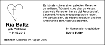 Traueranzeige von Ria Baltz von Trauerportal Echo Online