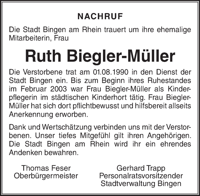  Traueranzeige für Ruth Biegler-Müller vom 31.08.2016 aus Trauerportal Rhein Main Presse