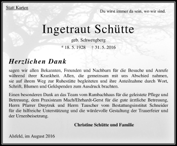 Traueranzeige von Ingetraut Schütte von  OK Oberhessen Kurier