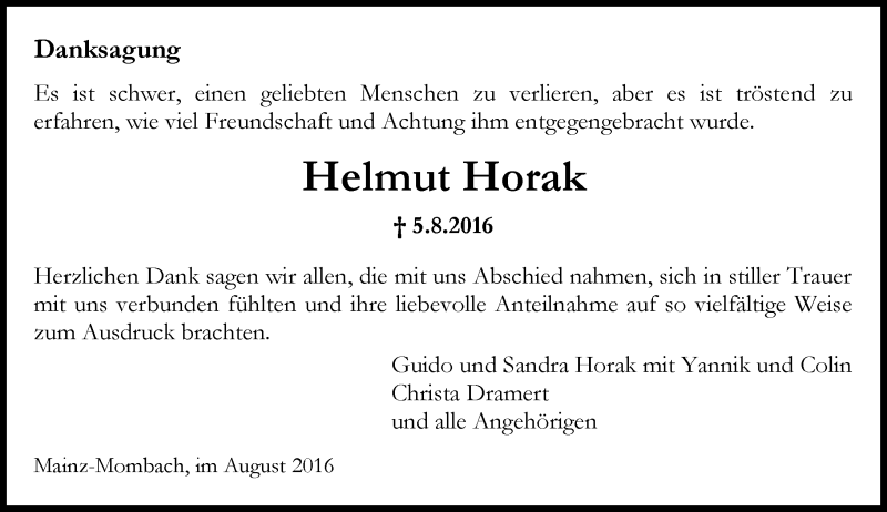  Traueranzeige für Helmut Horak vom 27.08.2016 aus Trauerportal Rhein Main Presse