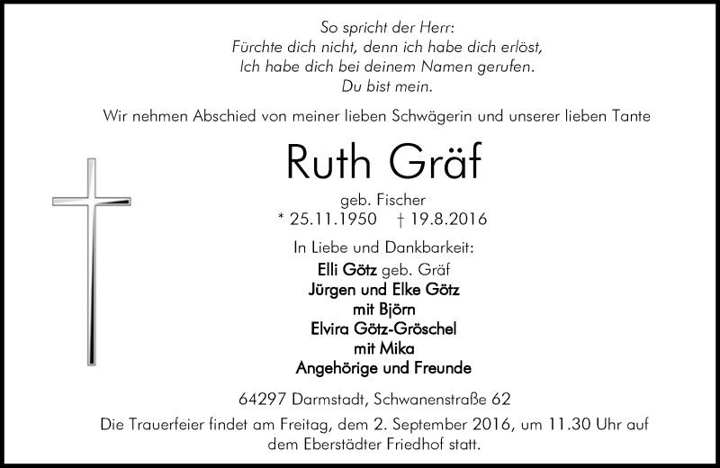  Traueranzeige für Ruth Gräf vom 27.08.2016 aus Trauerportal Echo Online