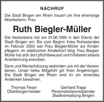 Traueranzeige von Ruth Biegler-Müller von Trauerportal Rhein Main Presse