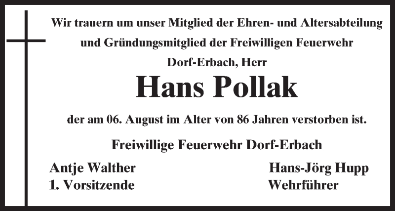  Traueranzeige für Hans Pollak vom 17.08.2016 aus Trauerportal Echo Online