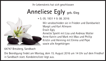 Traueranzeige von Anneliese Egly von Trauerportal Echo Online
