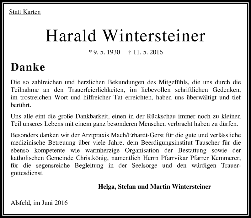  Traueranzeige für Harald Wintersteiner vom 06.06.2016 aus VRM Trauer