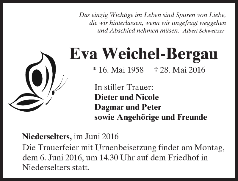  Traueranzeige für Eva Weichel-Bergau vom 02.06.2016 aus  Camberger Anzeiger