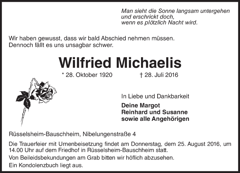 Traueranzeige für Wilfried Michaelis vom 20.08.2016 aus Trauerportal Rhein Main Presse