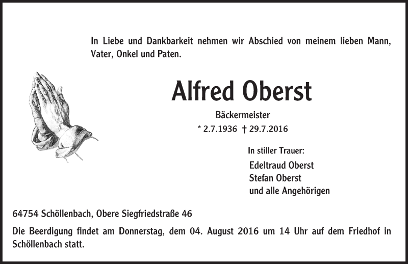 Traueranzeige für Alfred Oberst vom 02.08.2016 aus Trauerportal Echo Online