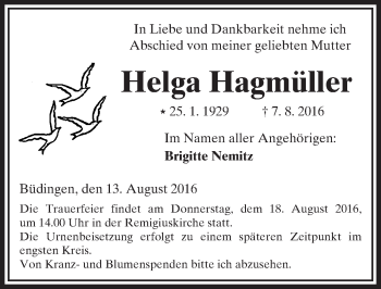 Traueranzeige von Helga Hagmüller von  Kreisanzeiger