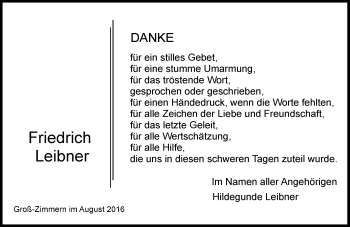 Traueranzeige von Friedrich Leibner von Trauerportal Echo Online