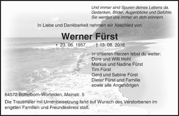 Traueranzeige von Werner Fürst von Trauerportal Echo Online