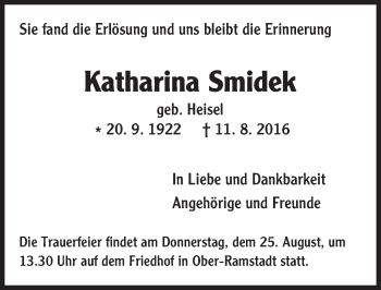 Traueranzeige von Katharina Smidek von Trauerportal Echo Online