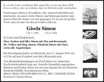 Traueranzeige von Gisela Simon von Trauerportal Echo Online