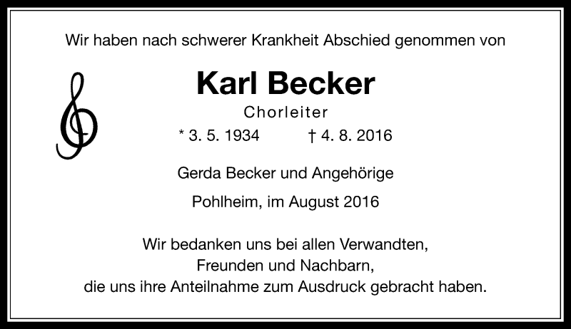  Traueranzeige für Karl Becker vom 27.08.2016 aus  Gießener Anzeiger
