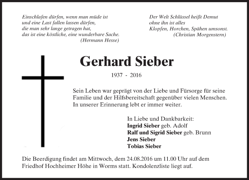  Traueranzeige für Gerhard Sieber vom 20.08.2016 aus Trauerportal Rhein Main Presse