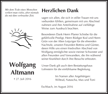 Traueranzeige von Wolfgang Altmann von  Usinger Anzeiger