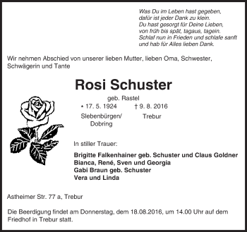 Traueranzeige von Rosi Schuster von Trauerportal Echo Online