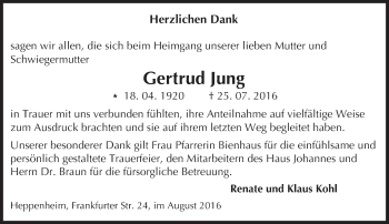 Traueranzeige von Gertrud Jung von Trauerportal Echo Online