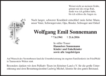 Traueranzeige von Wolfgang Emil Sonnemann von Trauerportal Rhein Main Presse