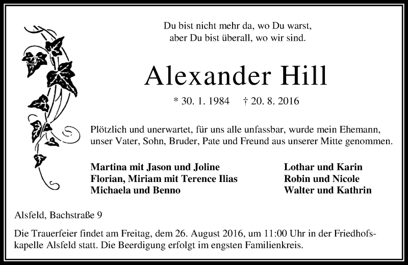  Traueranzeige für Alexander Hill vom 24.08.2016 aus VRM Trauer
