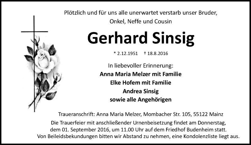  Traueranzeige für Gerhard Sinsig vom 27.08.2016 aus Trauerportal Rhein Main Presse