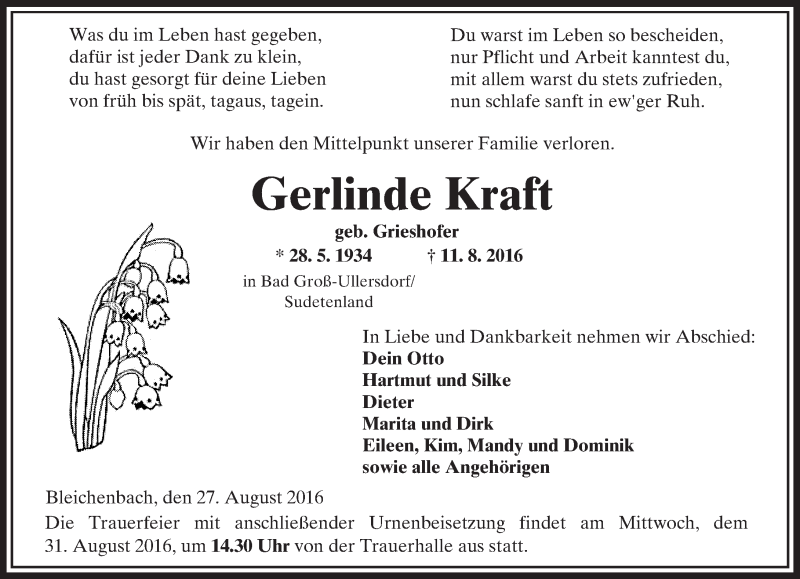  Traueranzeige für Gerlinde Kraft vom 27.08.2016 aus  Kreisanzeiger